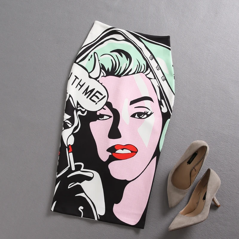 

PHOEBE HZ Sexy Women Chic Pencil Skirts Girls Portrait Face Print Skirts