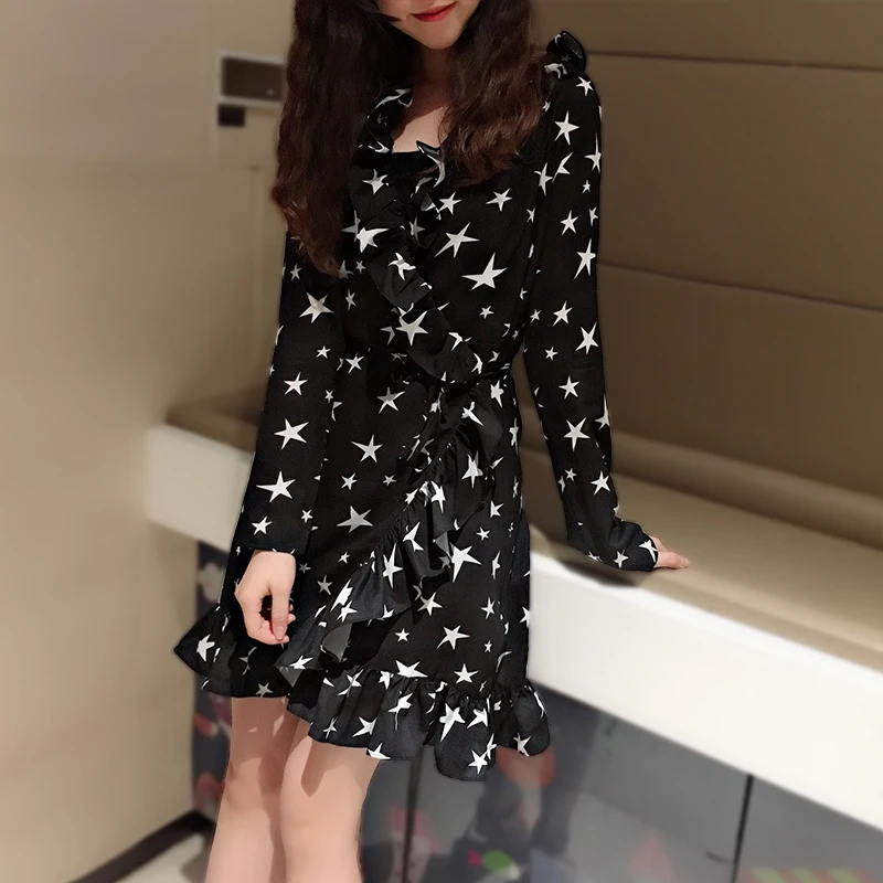 

2019 spring women's black star print falbala hight waist sexy v-neck chiffon dress female fashion