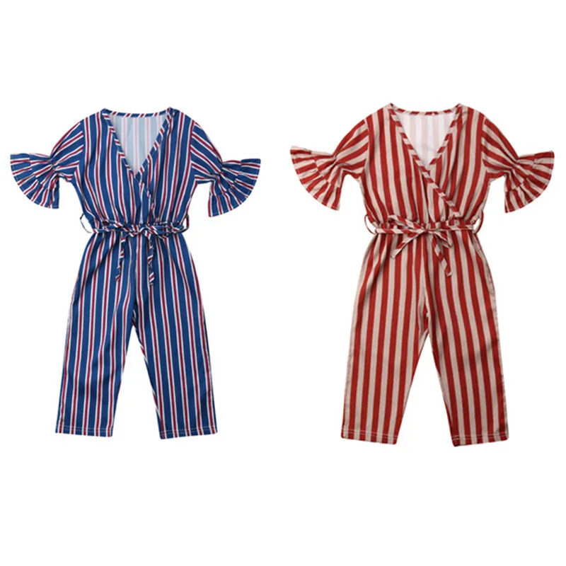 Kids Girls V neck Jumpsuit 2019 Kids Striped Short Sleeve Jumpsuit
