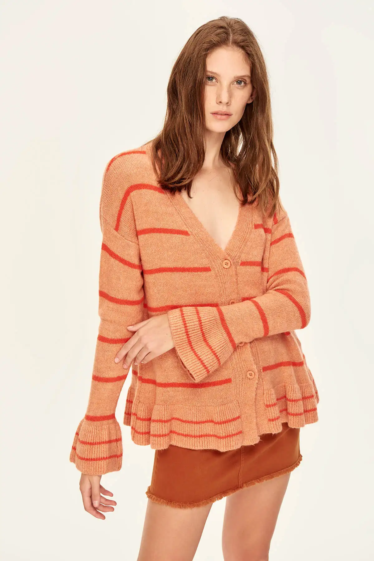 Trendyol Striped Cardigan Sweater Skirt Peach Flywheel End TCLAW19FV0013 |