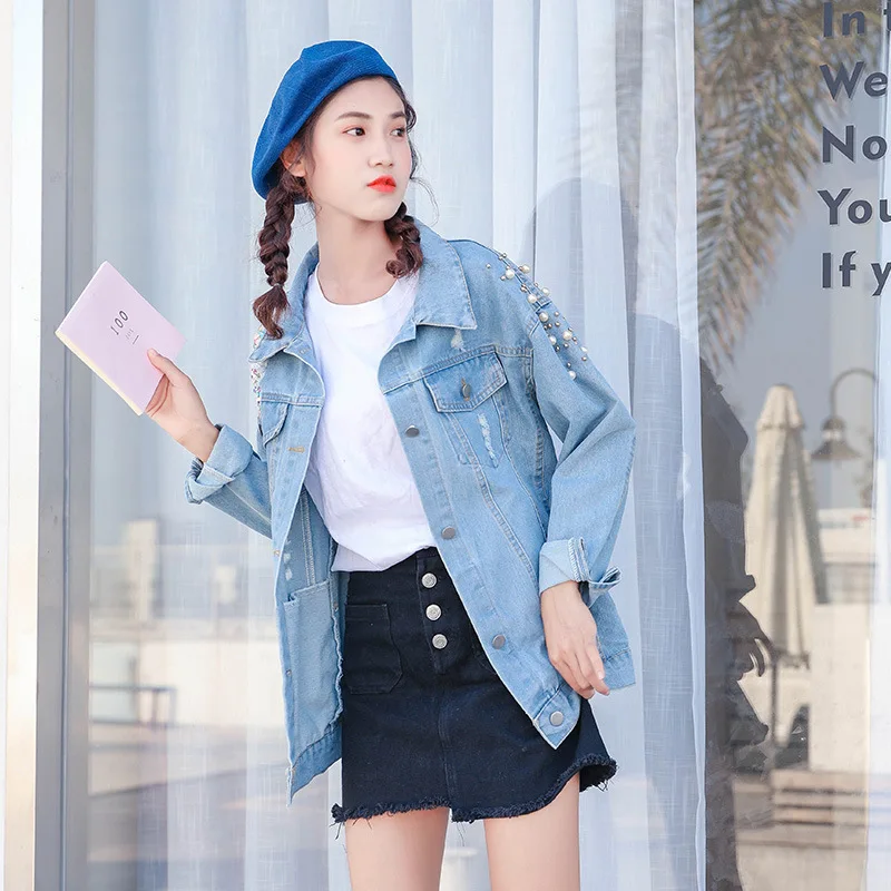 

#3228 Light Blue Denim Jacket Women With Sequins And Pearls Korean Style Ripped Casual Jeans Jacket Women Plus Size Outerwear