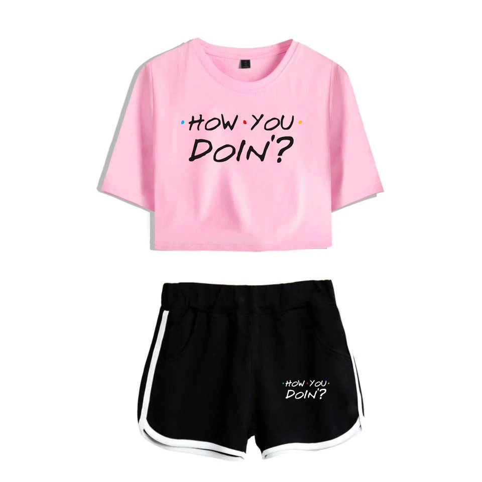LUCKYFRIDAYF друзья Мода как вы делаете летние шорты и футболки женские комплекты из двух предметов поп-кроп-топ повседневная одежда
