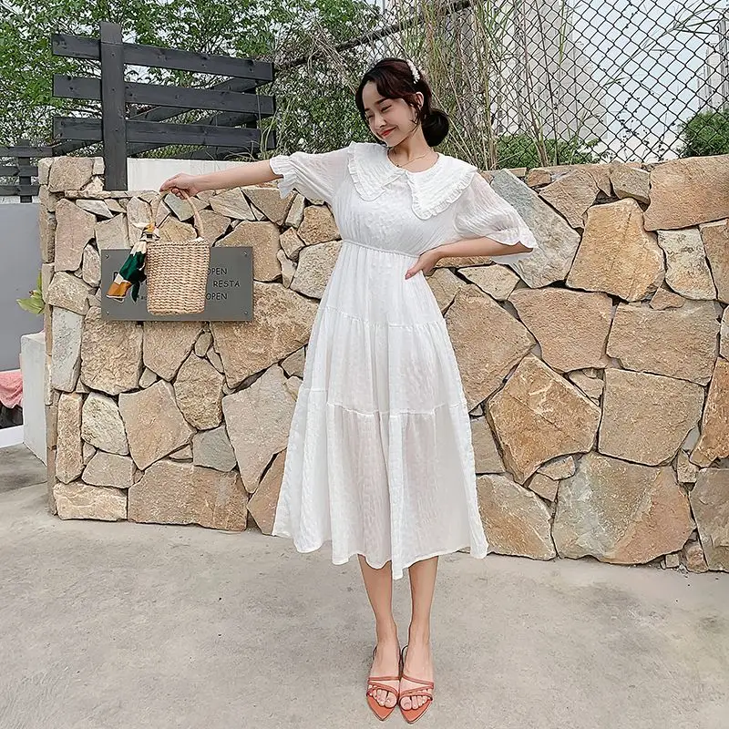 

New Women dress Peter pan Collar Chiffon Dresses White Light Green 77718