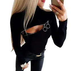 Мода 2019 Женские топы с длинным рукавом Блузка Рубашки черная сексуальная молния Высокая Шея Туника женская с длинным рукавом Повседневная