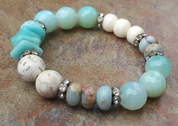 

River Stone And Jaspers Amazonite chips AFrican Opal Beads Pave Crystal Boho Elastic Stretch Bracelet