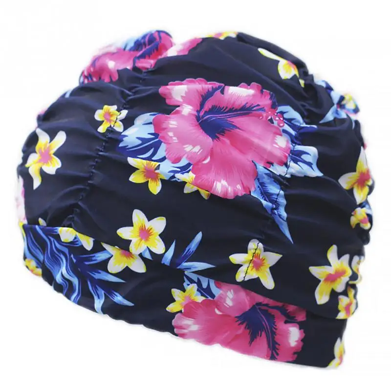 

2018 Unisex Pleated Floral Printed Swimming Cap Swim New Pool Beach Surfing Long Hair Ears Protection Caps Women Men Hats~