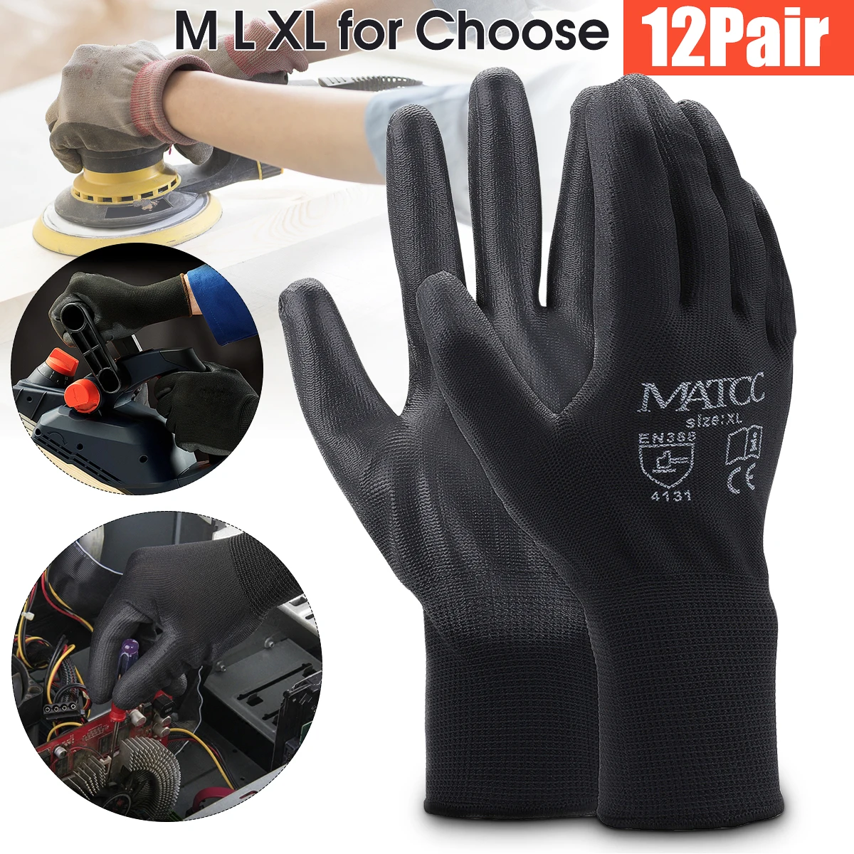 

12Pairs PU Nitrile Coated Safety Work Gloves Garden Builders Grip Size M/L/XL Workplace Safety