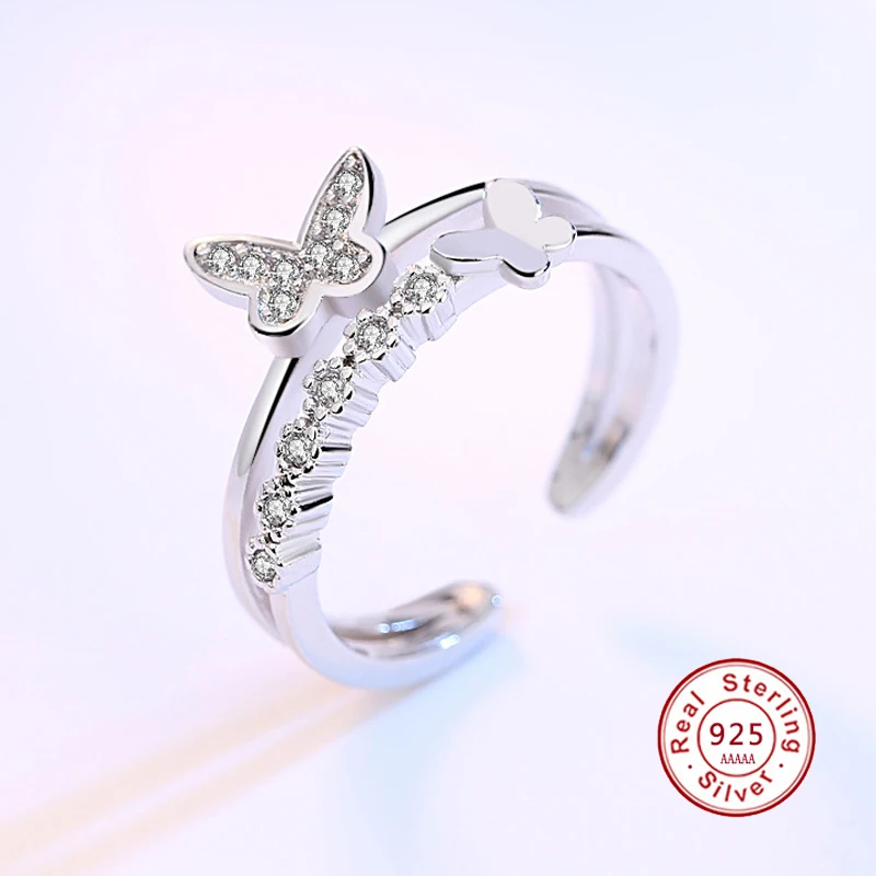 Real 925 Sterling Silver Women Ring Butterfly Pattern With AAA Shiny Zircon Female s925 Rings Fine Jewelry JN0309 | Украшения и