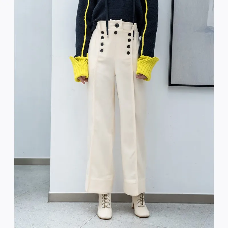 Nueva Ancha Mujer Beige Doble Pierna Pantalones Otoño Alta Casuales Breasted Patchwork Invierno Cintura Moda De Sueltos SwnSxPrY