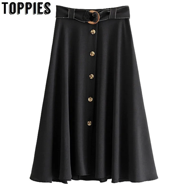 

High Waist Button Skirts Womens Knee Length Black A Line Skirt European Style Belt Waist Overskirt 2019 Women
