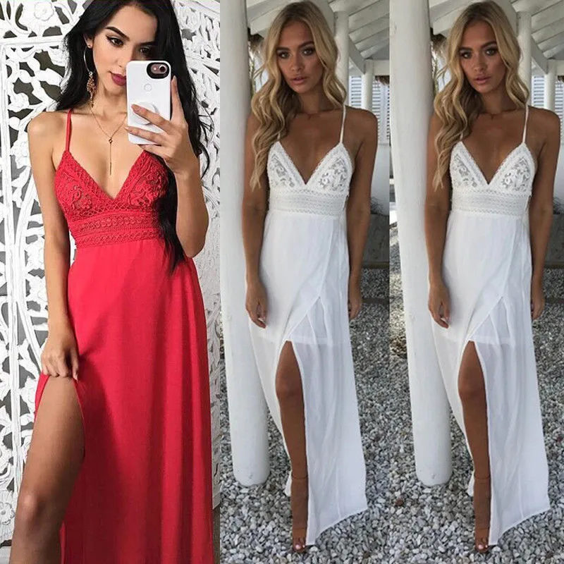 

Women Boho Floral Lace Long Maxi Dress Evening Party Beach Dresses Summer Sleeveless V neck Sundress Elegant Female Vestido