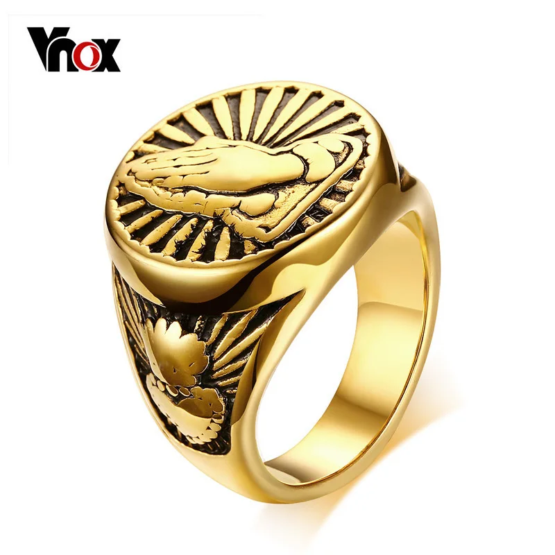 

Vnox Vintage Gold-Color Men Ring Stainless Steel Devout Namaste Gesture Design Male Prayer Jewelry