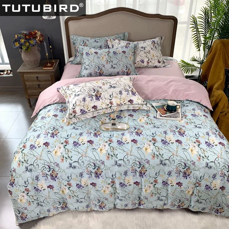 

Blue pink pastoral duvet cover beautiful soft home texitle 100% Luxury Egyptian cotton bed linen sheet bedding set pillowcases