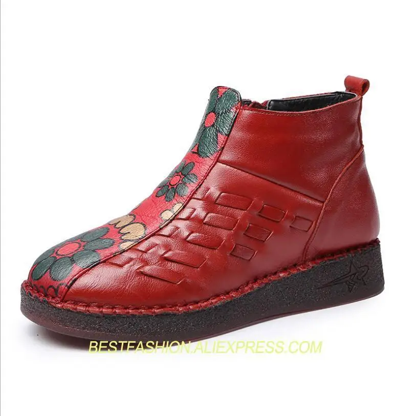 

autumn and winter women's leather national wind hand-woven female Ankle boots platform printed women's boots