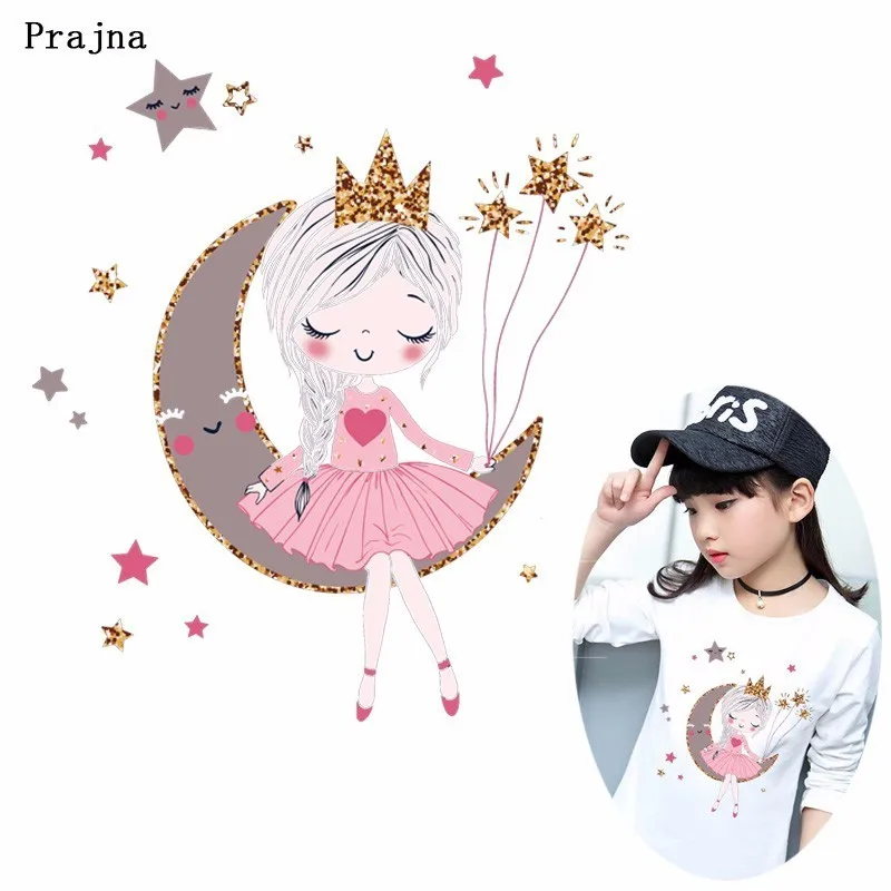 

Prajna Cartoon Pink Girl Vinyl Transfer Star Moon Ironing Heat Transfer For Cloth Kids Sleeping Girl Sweet Cute DIY Accessory H