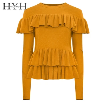 

HYH HAOYIHUI Simple fashion, pure color, sweet wind, lotus leaf trim knitted long sleeve sweater