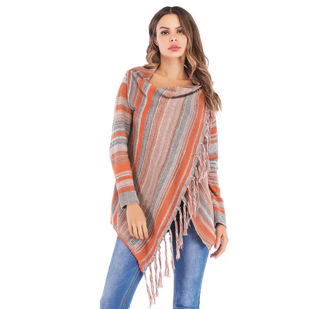 New Fashion Women Casual V-neck Long Regular Fit Asymmetrical hem Sleeve Tassel Cardigan Prints |