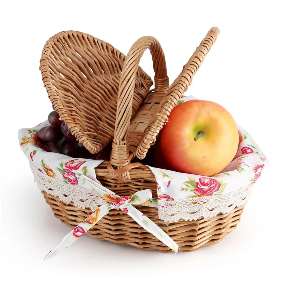 

Handmade Bamboo Woven Bug Proof Wicker Picnic Basket Snacks Tea Basket and Cloth Wooden Color Storage Basket With Lid