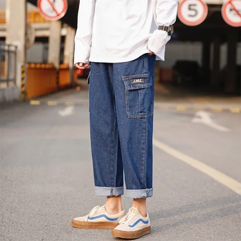 

2019 New Style Men's Fashion Trend Baggy Homme Jeans Casual Blue Loose Cargo Wide Leg Pants Brand Trousers Plus Size S-2XL