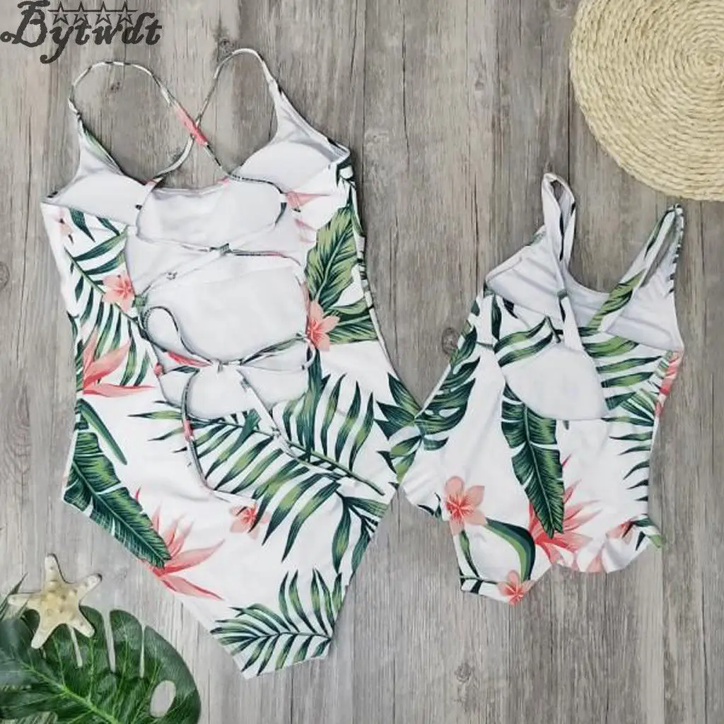 

Mother Daughter Matching Falinly Swimwear One Piece Swimsuit Girl Womens Palm Leaves Printed Padded Bra Bathing Suit 2018 Summer