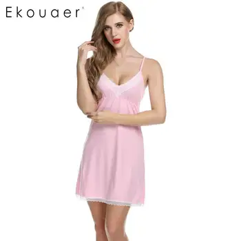 

Ekouaer Sexy Sleepwear Nightgown Women Strap Spaghetti Mini V-Neck Lace Trim Nightwear Night Dress Female Lingerie Nightdress