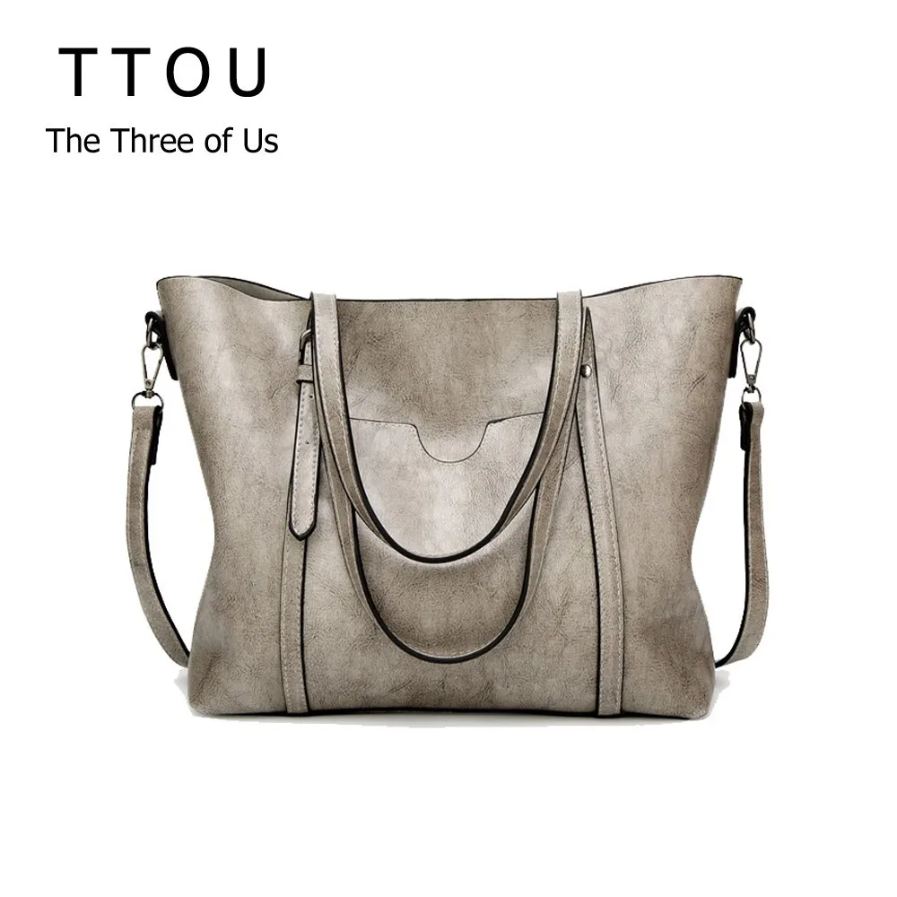

TTOU Women Oil Wax Handbag Pu Leather Handbags Luxury Lady Shoulder Bag With Purse Pocket Big Tote Bag Bolsos Mujer