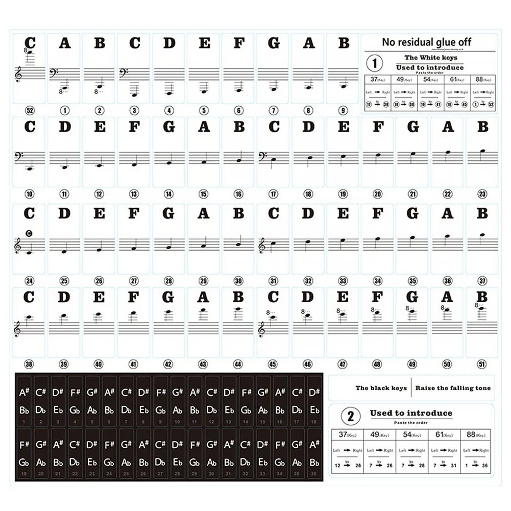 

PVC Piano Keyboard Stickers Biginners Removable Note Sticker 54/61 Keys Piano Keyboard Label Stave Music Decal #20