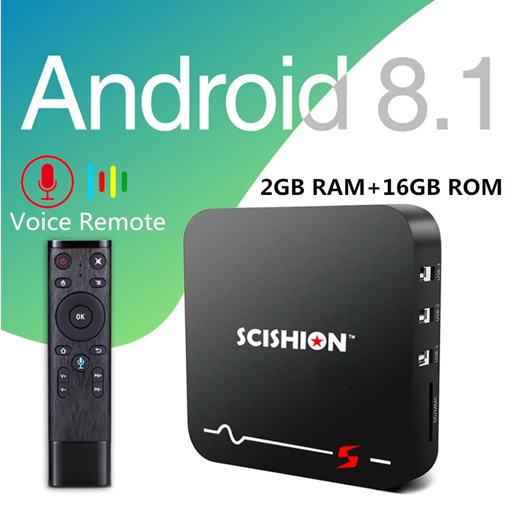 

SCISHION Model S TV Box Android 8.1 RK3229 2GB 16GB Smart Set Top Box 2.4G WiFi 100Mbps 4K H.265 Voice Remote Media Player