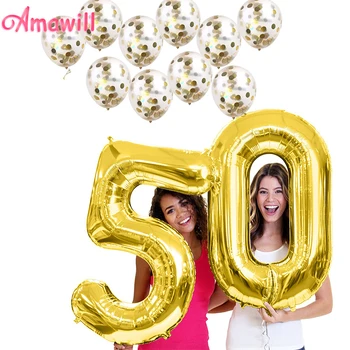 

Amawill 50 Years Birthday Decorations Gold 40inch Number Foil Balloon 10pcs Latex Confetti Balloons Adult 50th Birthday Party 6D