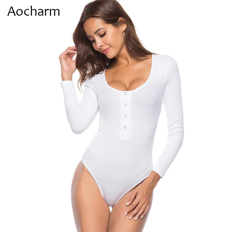 

Aocharm Sexy Bodysuit for Women 2018 Autumn Winter Long Sleeve Buttons Bodysuits Black White Elegant Jumpsuit Body Mujer
