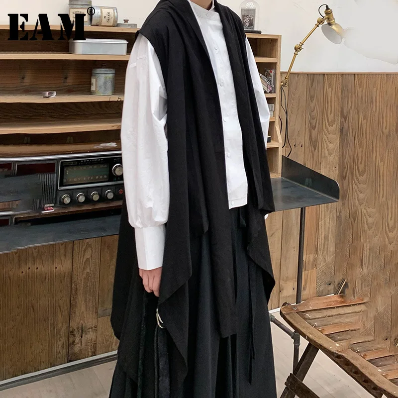 

[EAM] 2019 New Spring Summer V-collar Sleeveless Black Loose Long Personality Irregular Vest Women Fashion Tide All-match JS774