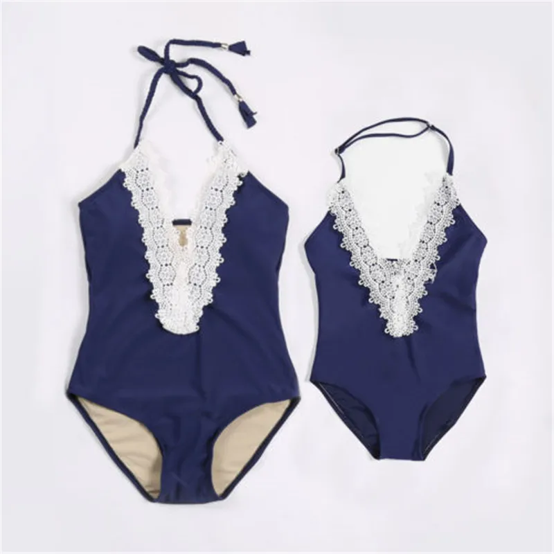 

Family Matching Swimsuit 2018 Mother And Daughter Halter Bikini Women Kids Baby Girls Deep V One-piece Lace Swimwear Family Look
