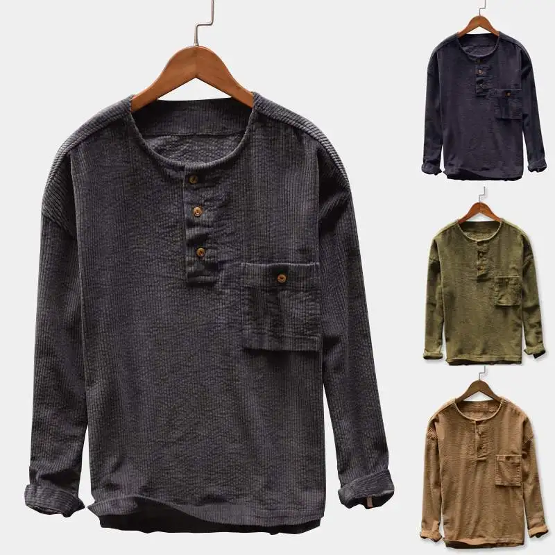 

2019 Men Casual Corduroy T Shirt Long Sleeve Pockets O Neck Solid Color Loose Tee Tops Vintage Streetwear Men T-shirt Camisetas