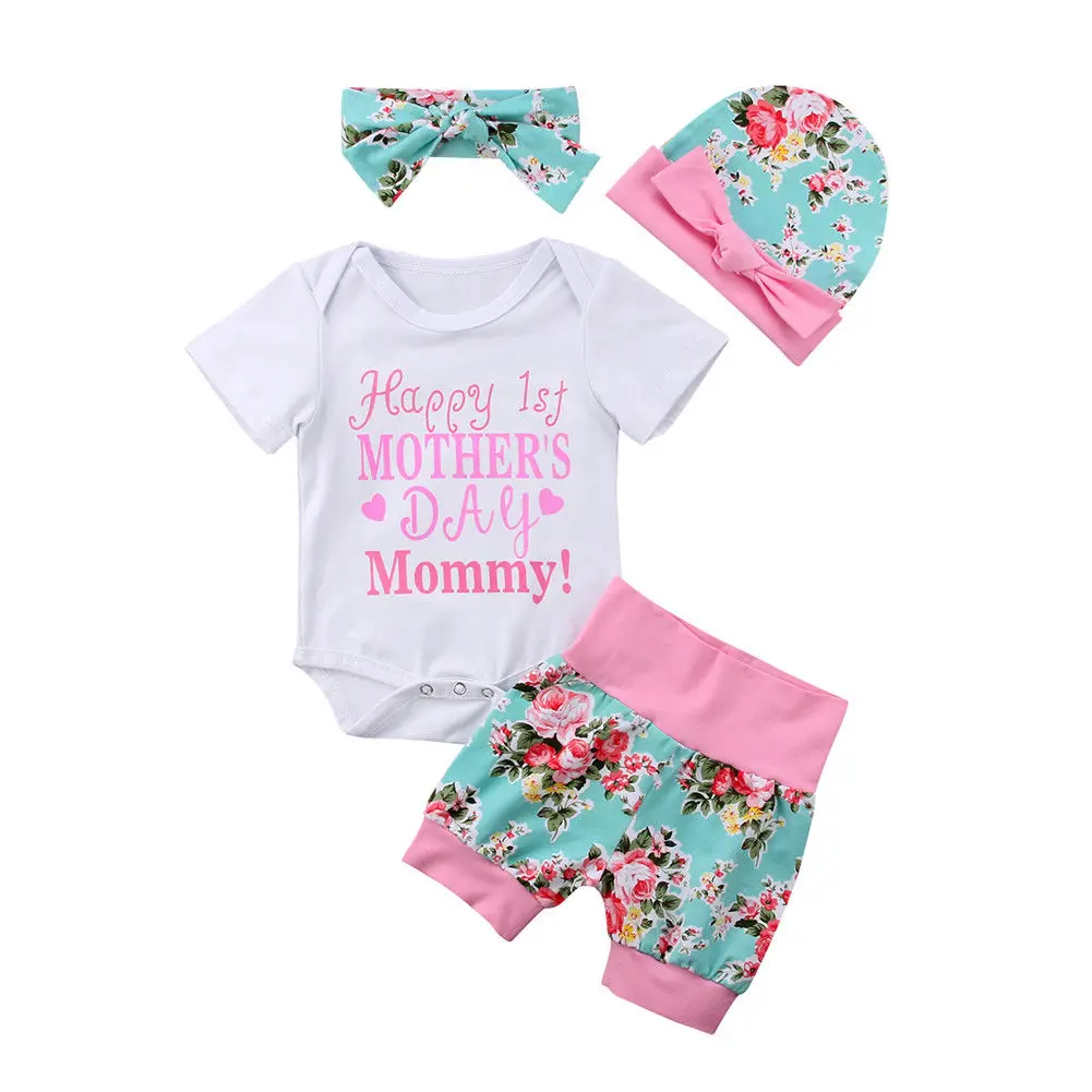 

Kids Baby Girls Clothes Floral Cotton Romper Tops Letter Print Mother's Day Flower Shorts Pants 4Pcs Summer Outfits Sets