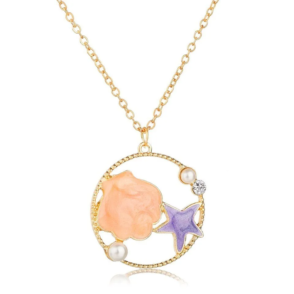 

Women Romantic Sea Serious Pendant Necklace Seashell Starfish Design Jewelry Female Personality Chain Necklace Gold Color