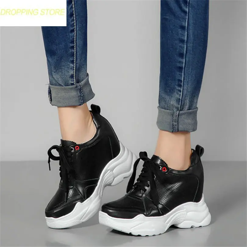 

Womens Cow Leather Breathable Wedge Platform High Heels Ankle Boots Lace Up Party Pumps Casual Shoes Punk Sneakers
