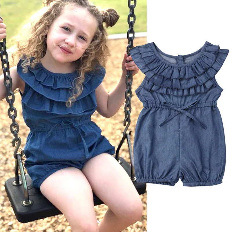 Lovely Kids Baby Girls Denim Romper Sleeveless Ruffles High Waist Bow