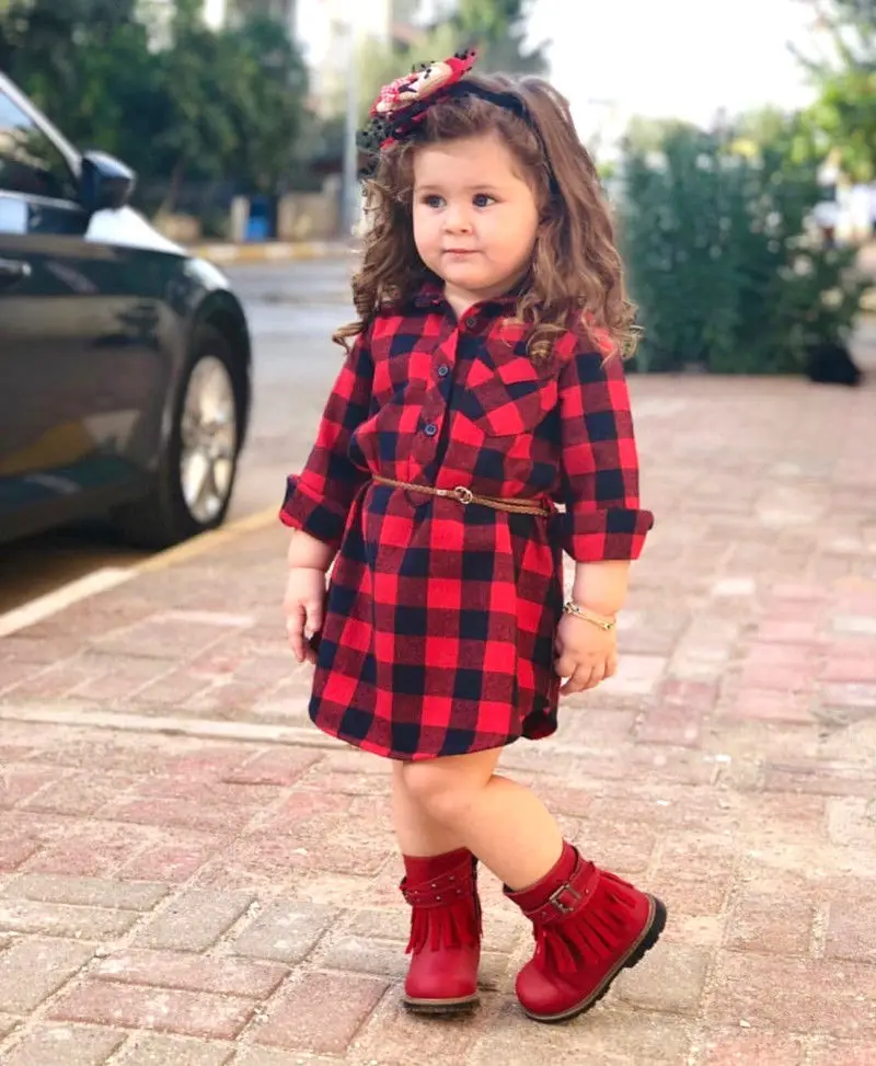 

Newborn Baby Girls Dresses Christmas Kids Belt Plaid Party Dress For Girls Cotton Long Sleeve Dress 0-5T