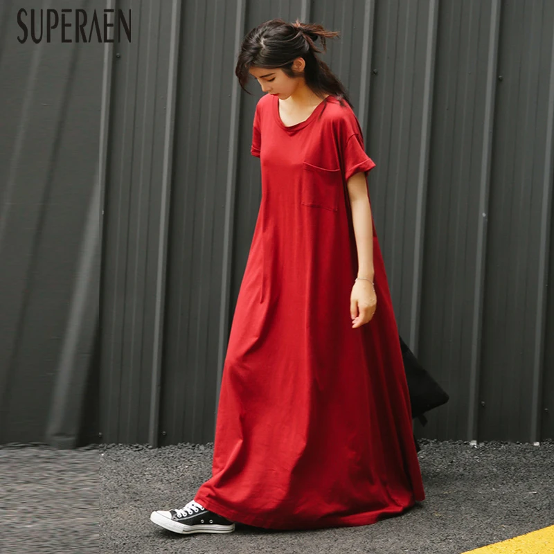 

SuperAen 2019 Spring and Summer New Women Long Dress Cotton Wild Casual Fashion Dress Female Loose Pluz Size Short Sleeve Dress