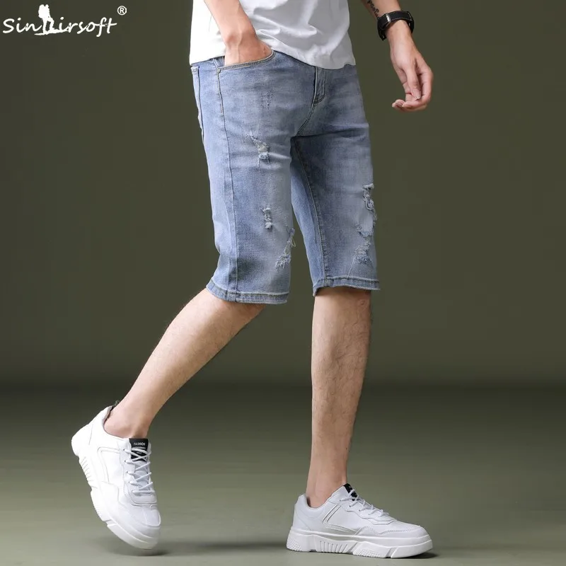 

SINAIRSOFT2019 Men's Thin Cotton Denim Shorts Elasticity Small Slim Grasping Five Pants Men's Brand Blue 28-38 New Hot Sale