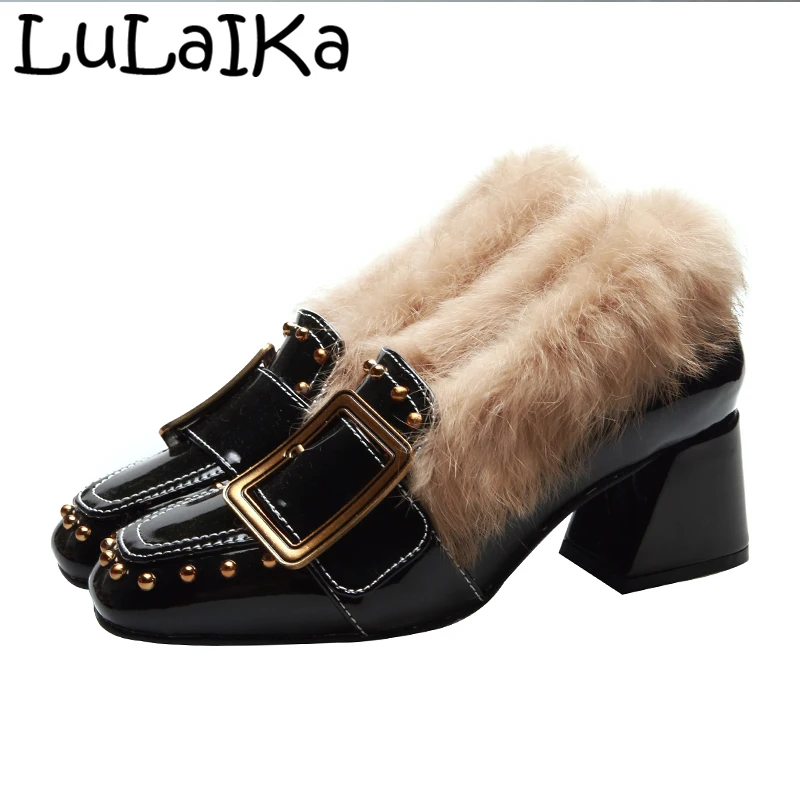 

2019 New Round Head Solid Color Women Hairy Pumps Fashion Rivets Metal Buckle Elegant Woman Party Wedding High Heel Shoes