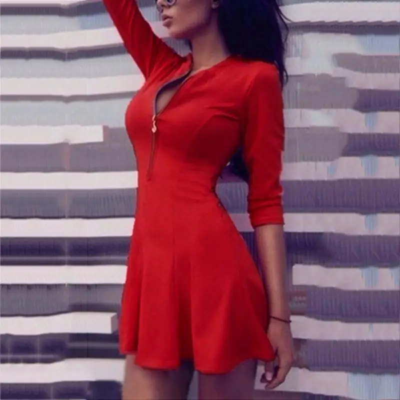 

Hot Sexy Women Summer Solid Color Long Sleeve Front Zip Party Evening Mini Dress