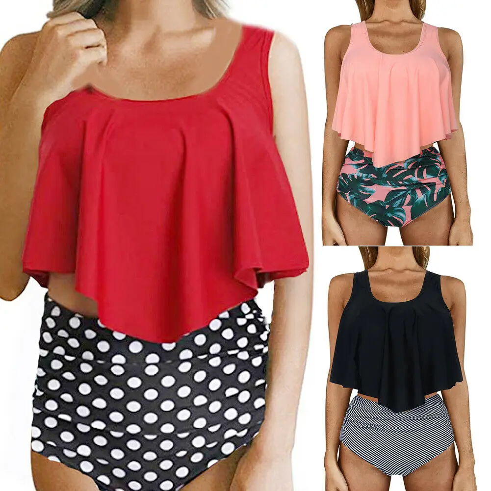 

Women 2Pcs Floral Swimsuit Lady Girls Push Up Padded High Waist Bikini Set Ruffle Tankini Swimwear Beach Bathing Suit