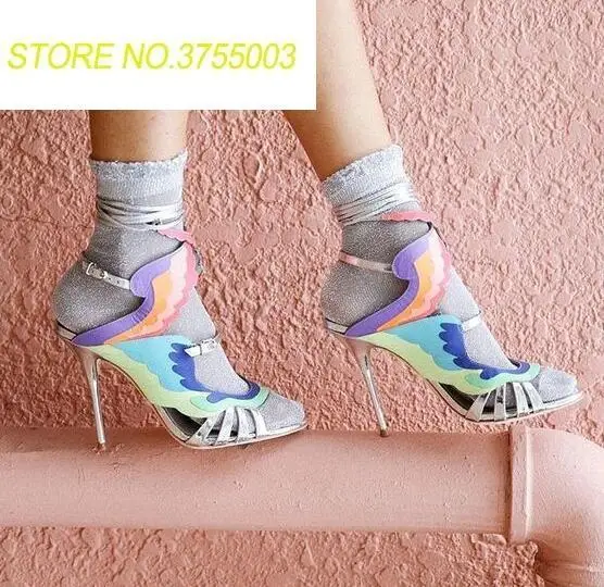 

2018 Newest Cut Out Style Ladies Lace Up High Heels Sexy Dress Stiletto Mixed Colors Leather Strap Wing Women Peep Toe Sandals