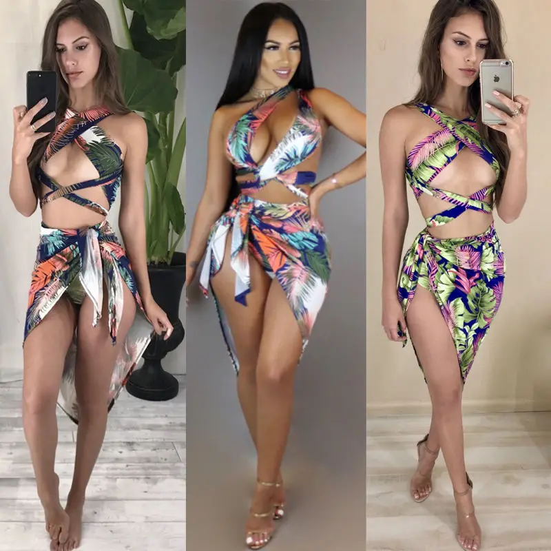 

3PCS Set Woman Ladies Swimsuit Print Halter Tops High Waist Swimming Bottom Dress Swimwear Beachwear Bathing Suit
