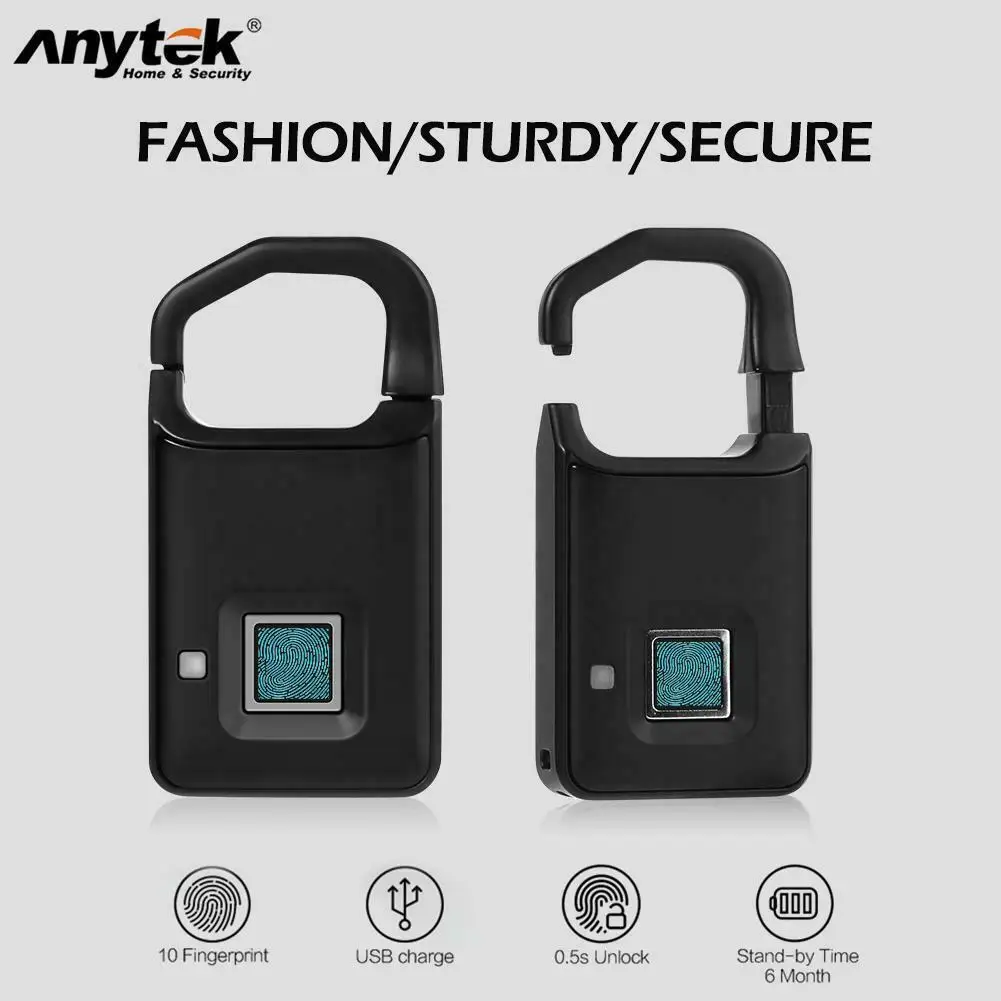 

BEESCLOVER Portable Smart Fingerprint Keyless Phone APP Padlock Door Lock Padlock 10 sets of fingerprints with USB cable r29