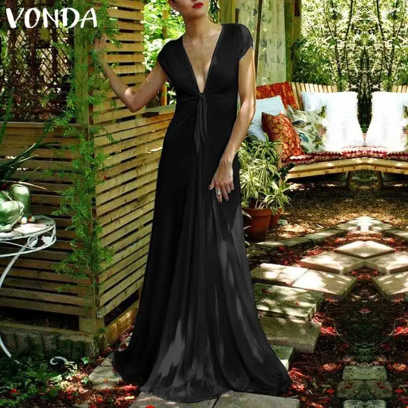 

VONDA Sexy Party Dress Women 2019 Summer Club V Neck Big Swing Floor-Length Maxi Long Dresses Female Elegant Holiday Vestido 5XL