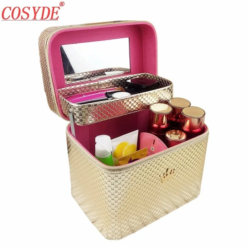 

Crown Designer Suitcase Makeup Professional Travel Organizer Beauty Cosmetic Case Big Leather Make Up Bag With Mirror Female