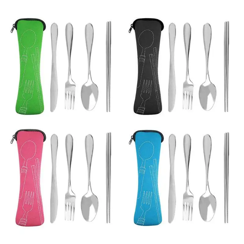 

3/4Pcs Stainless Steel Fork Cutlery Set with Cloth Bag Lunch Tools Fork Knife Spoon Dinnerware for Outdoor Travel Tableware Set