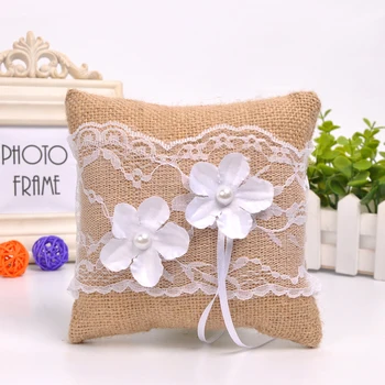 

15x15cm Wedding Burlap Ring Pillow Cushion Jute Lace Pearl Ring Bearer Pillow for Bridal